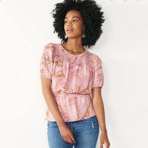 Nine West | Tops | Nine West Smocked Yoke Peplum Blouse Pink Gold Size  Large | Poshmark
